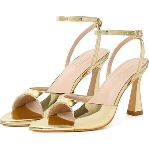 Women's Gold Tan Open Toe Strappy Block Ankle Strap Hight Heeled Sandals Shoes